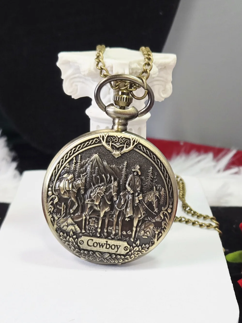 Cowboy Pocket Watch Chain Western Horse Rider Antique Bronze Rugged Rustic Gift